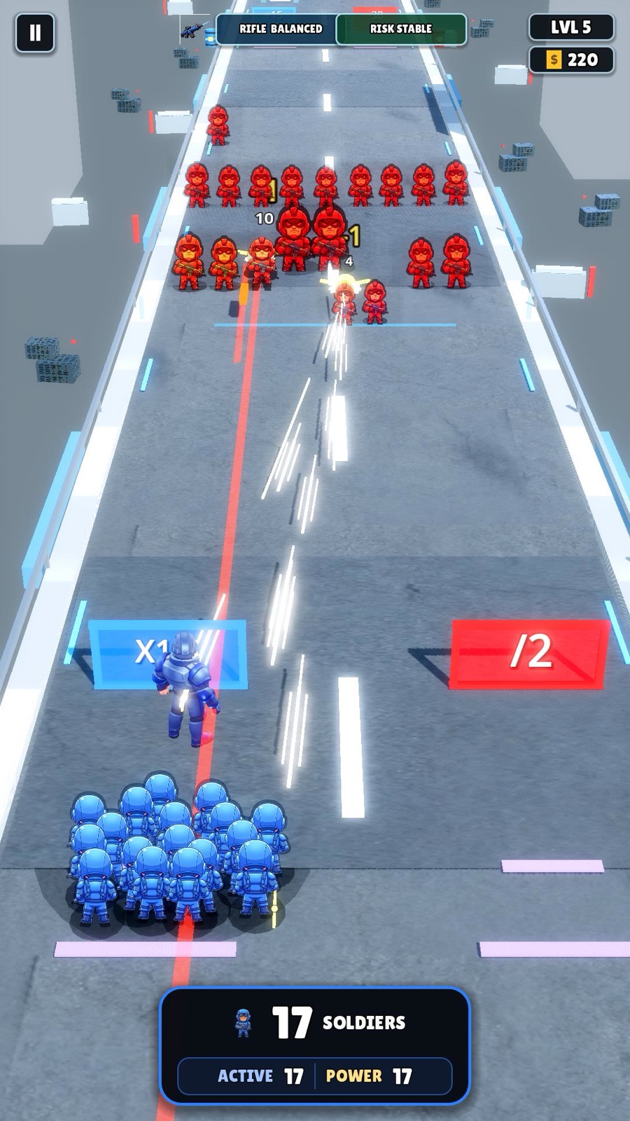 Current MathWar level five gameplay showing the blue commander firing into a red enemy formation