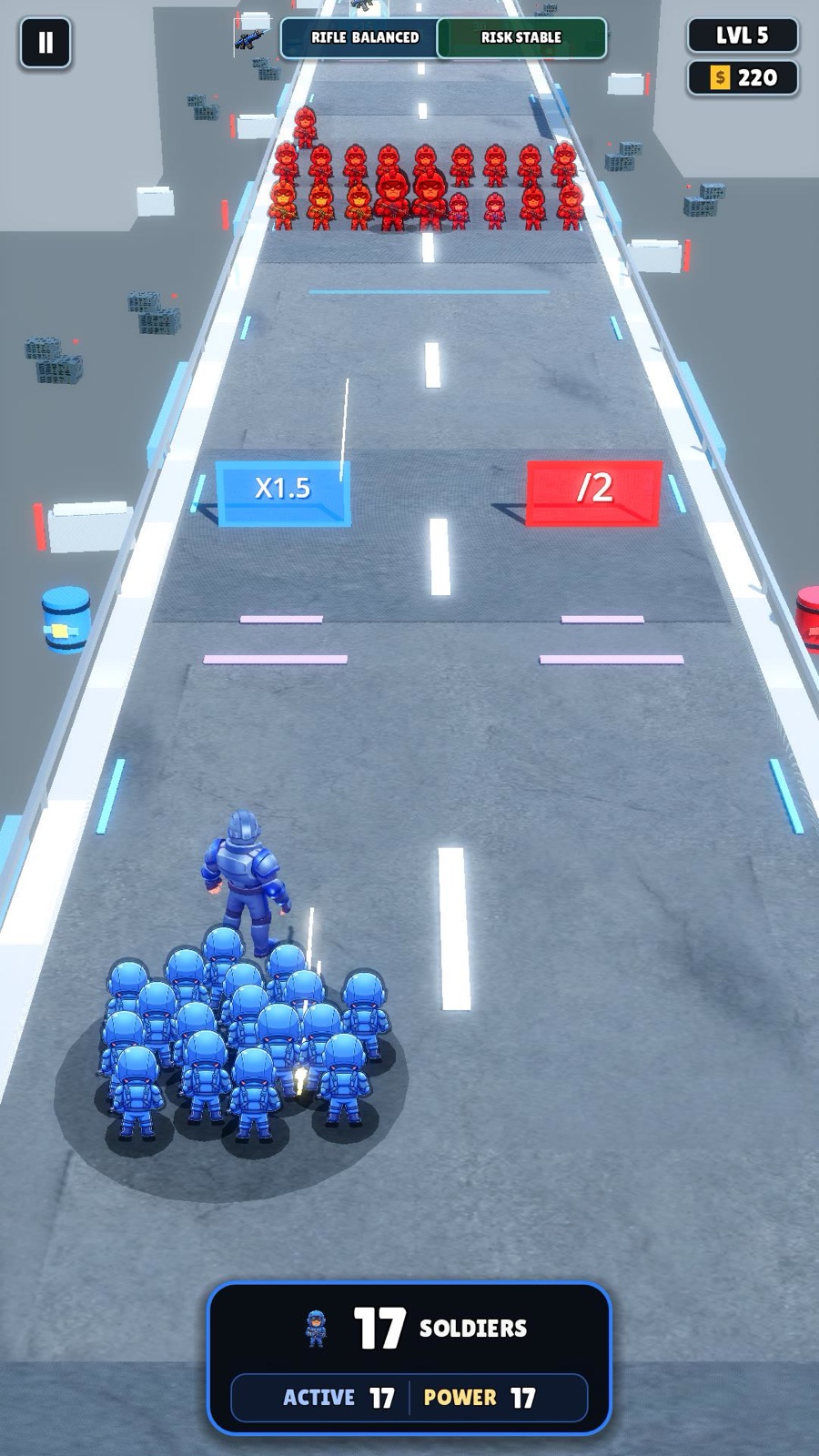 Current MathWar level five gameplay showing a blue squad choosing between multiplication and division gates