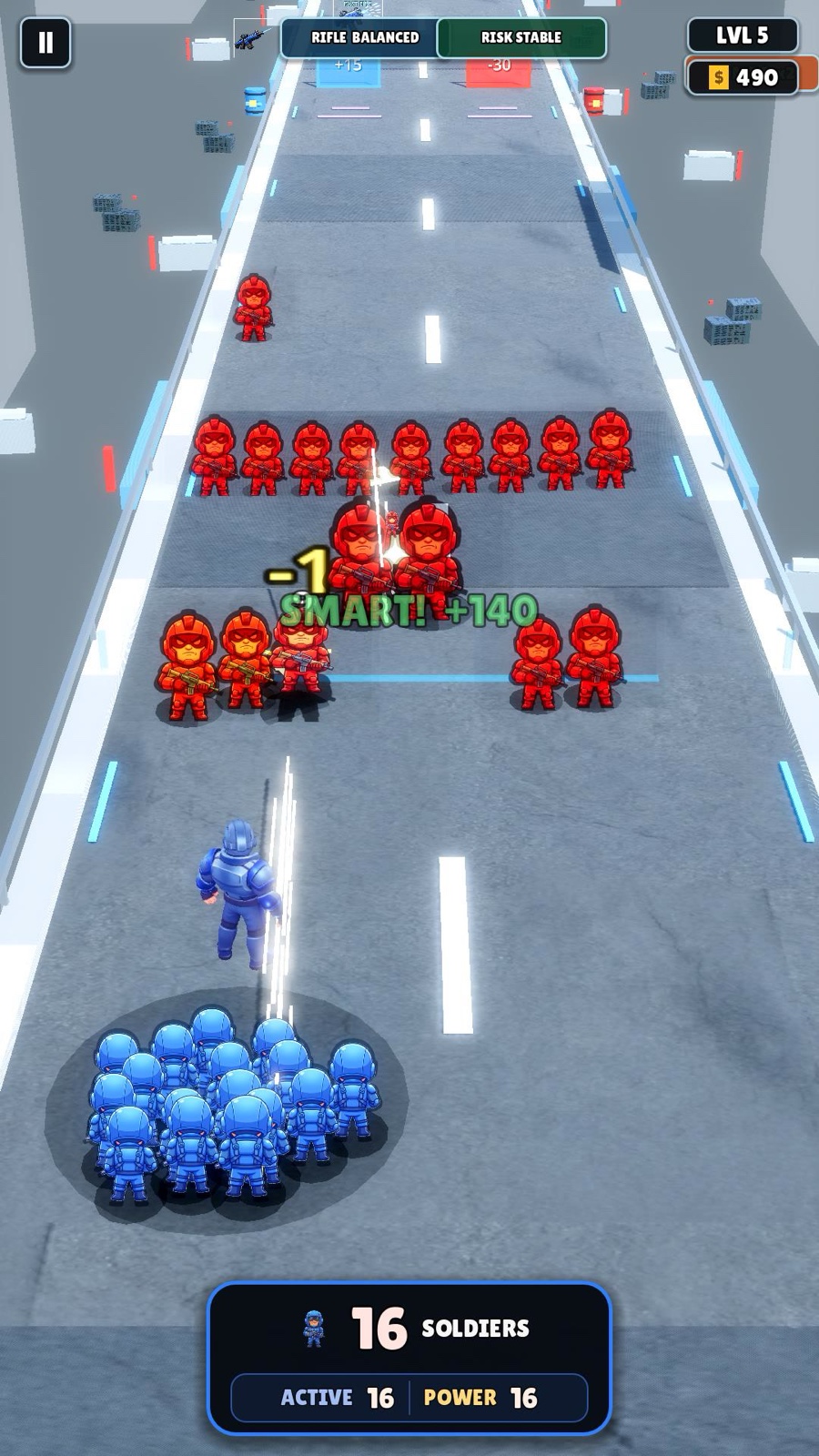 Current MathWar level five gameplay showing a smart bonus during a large enemy encounter