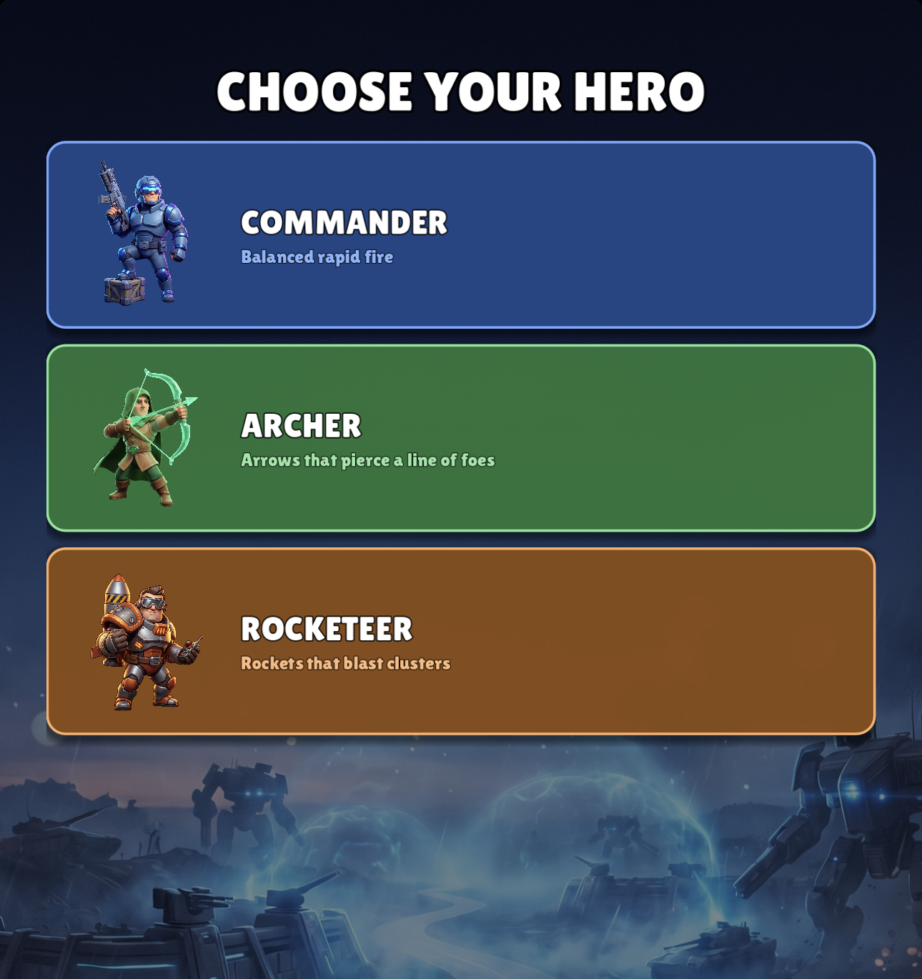 MathWar current hero roster with Commander, Archer, and Rocketeer